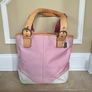 Coach Soho Multifunctional Canvas Leather Tote Cream Trim Rare Pink Canvas Daisy